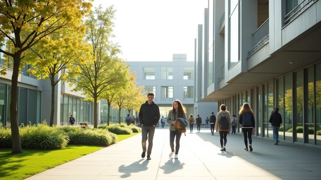 Campus universitaire moderne avec étudiants et bâtiments d'enseignement supérieur